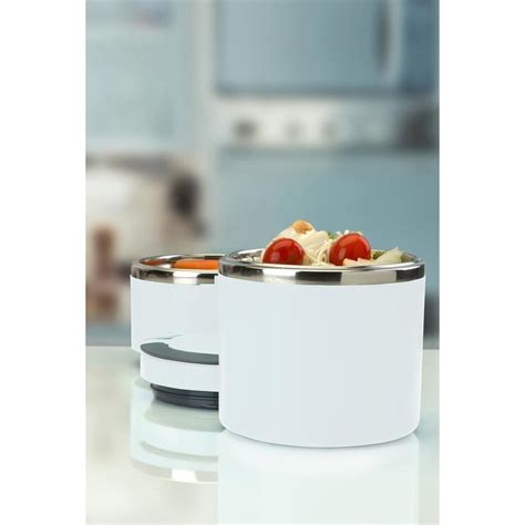 2-tier round stainless steel insulated lunch box in white|stainless steel insulated lunch containers.